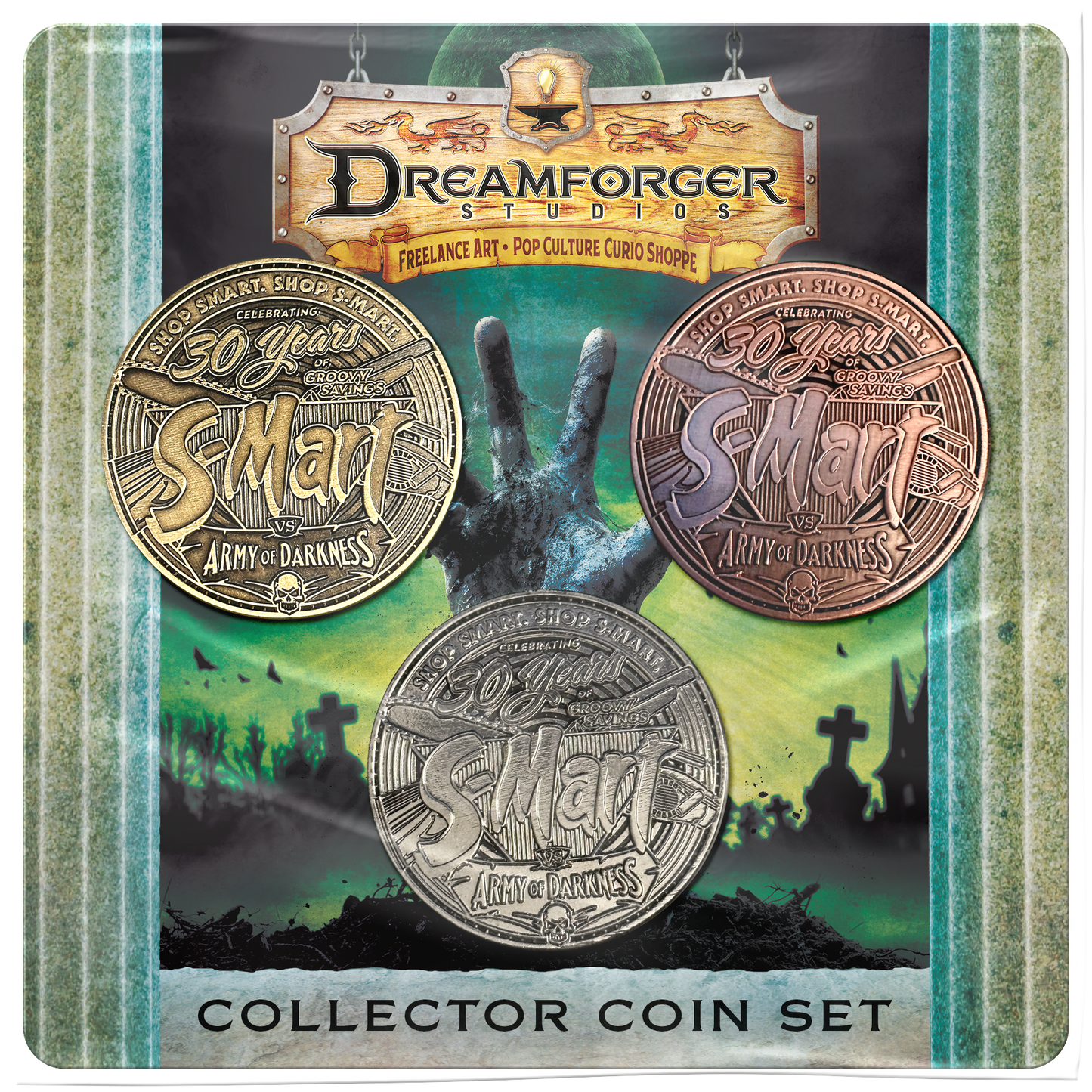 "S-Mart presents The Loudmouth Braggart Bundle" - All 3 coins, mini-print & GITD sticker!