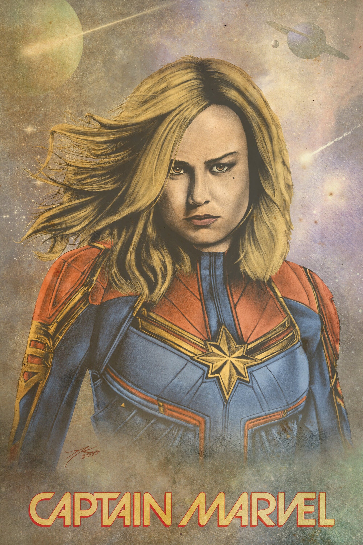 Captain Marvel Build-A-Bundle Triple Pack (Sepia / Pastel / Full Color) 11x17 Hand-Drawn Fan Poster Art • Brie Larson • Marvel Studios
