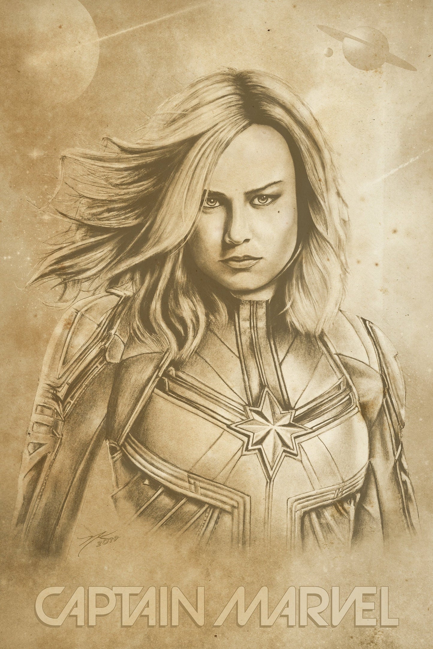 Captain Marvel Build-A-Bundle Triple Pack (Sepia / Pastel / Full Color) 11x17 Hand-Drawn Fan Poster Art • Brie Larson • Marvel Studios