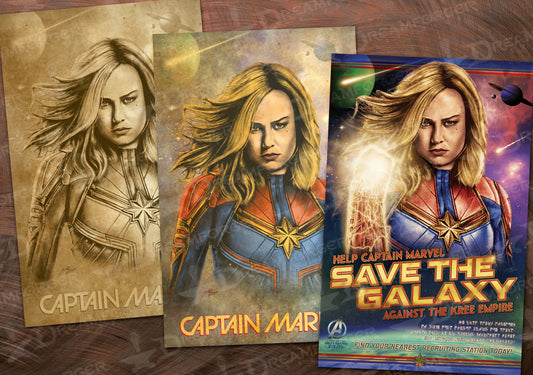 Captain Marvel Build-A-Bundle Triple Pack (Sepia / Pastel / Full Color) 11x17 Hand-Drawn Fan Poster Art • Brie Larson • Marvel Studios