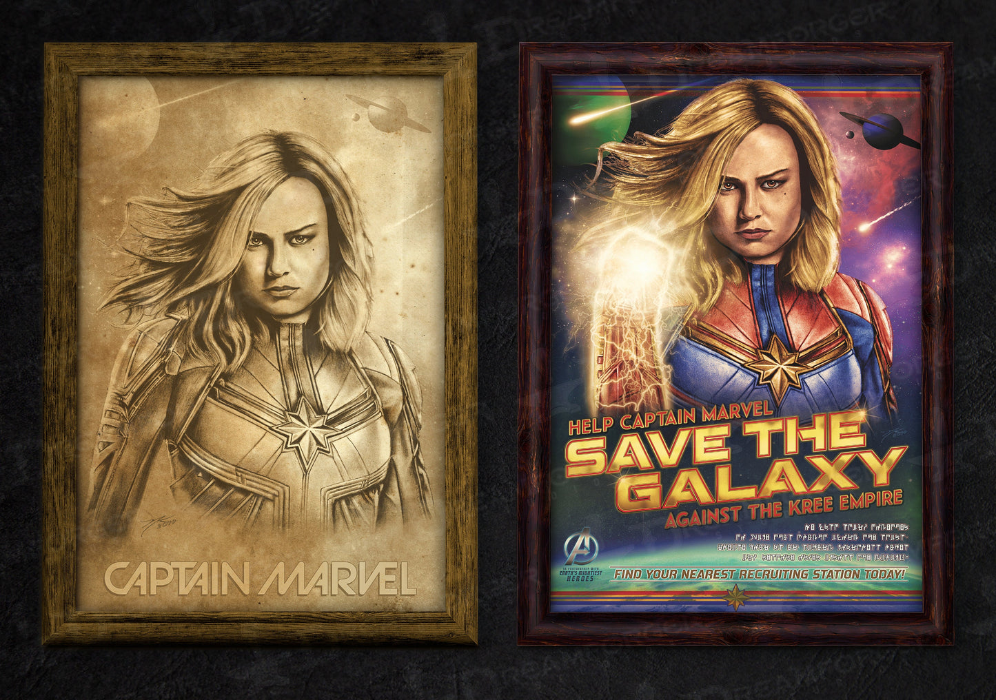 Captain Marvel Build-A-Bundle Triple Pack (Sepia / Pastel / Full Color) 11x17 Hand-Drawn Fan Poster Art • Brie Larson • Marvel Studios
