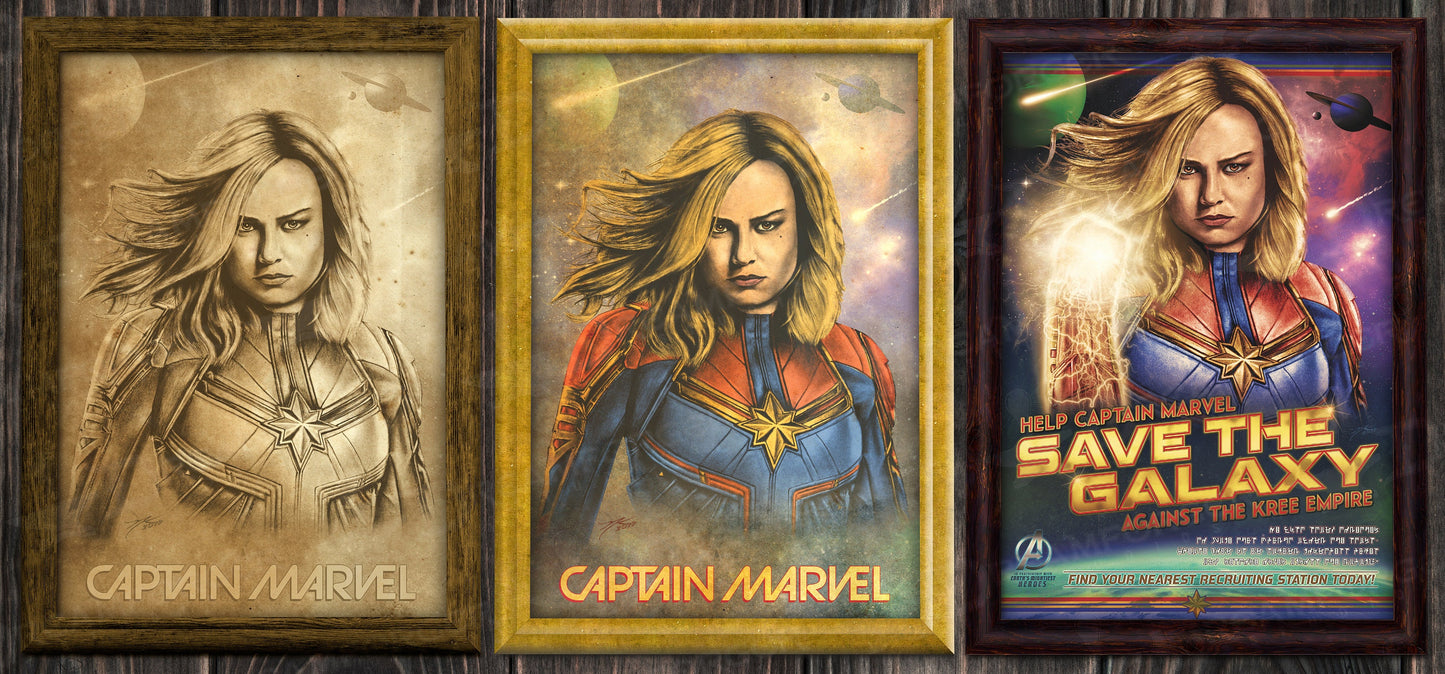 Captain Marvel Build-A-Bundle Triple Pack (Sepia / Pastel / Full Color) 11x17 Hand-Drawn Fan Poster Art • Brie Larson • Marvel Studios
