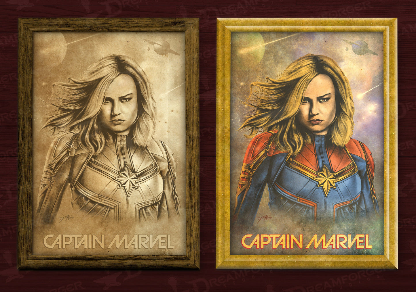 Captain Marvel Build-A-Bundle Triple Pack (Sepia / Pastel / Full Color) 11x17 Hand-Drawn Fan Poster Art • Brie Larson • Marvel Studios